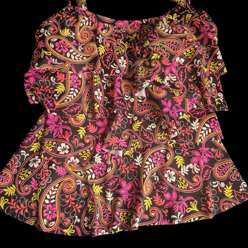 Vtg Miraclesuit Pink and Yellow Ruffled Paisley Asymmetrical Tankini Size 8